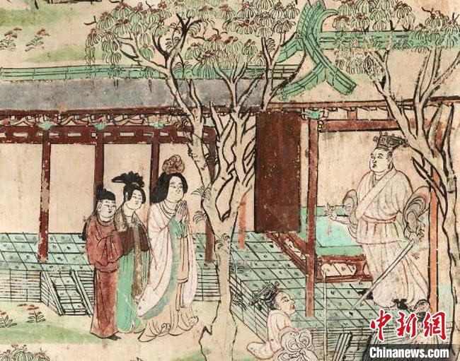图为此展览精选展品莫高窟第45窟北壁(盛唐)——观无量寿经变图之未生怨(局部)。 敦煌研究院供图 图为此展览精选展品莫高窟第45窟北壁(盛唐)——观无量寿经变图之未生怨(局部)。 敦煌研究院供图